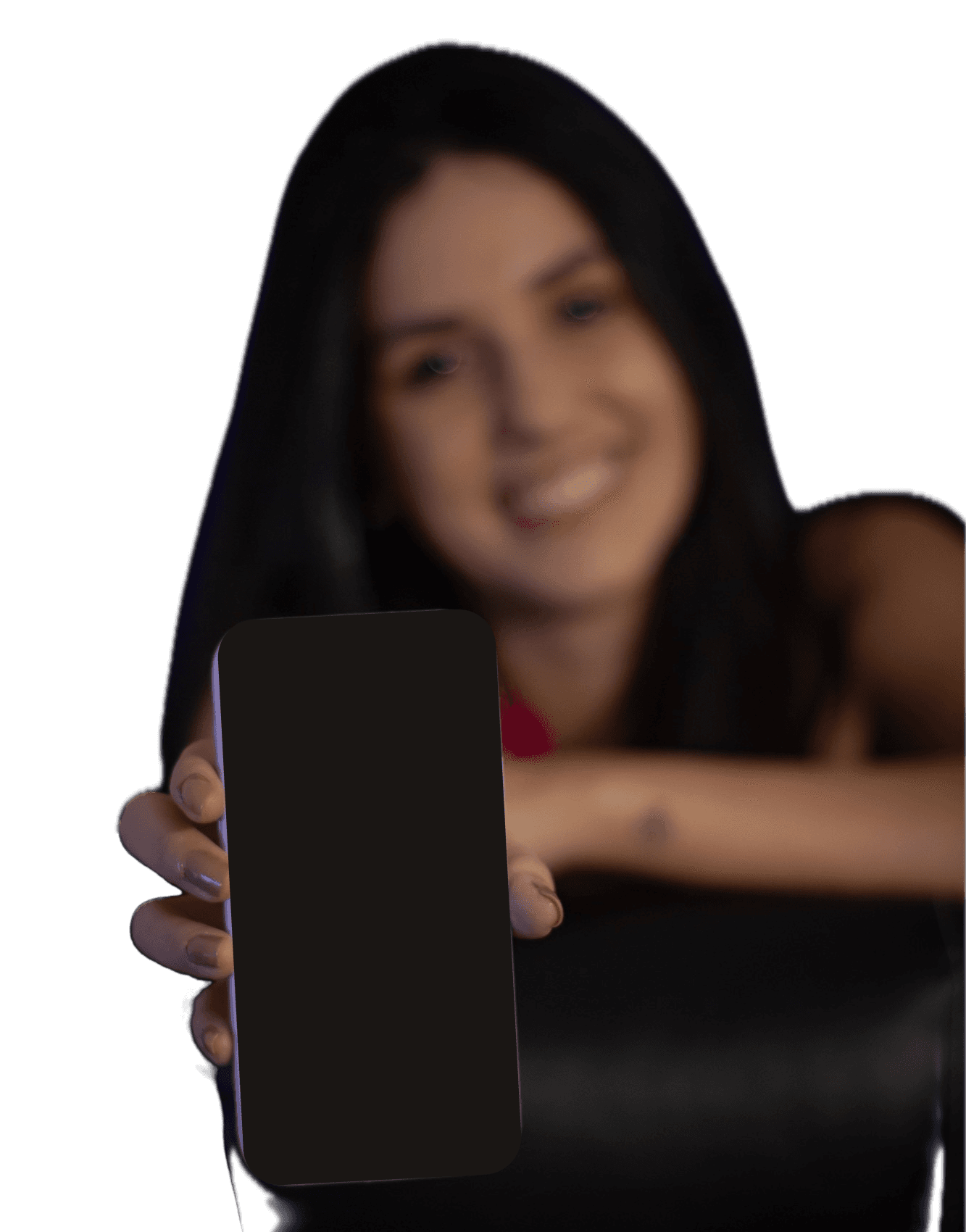 Carina, professora de inglês, sorrindo e mostrando o celular com um reel dela
